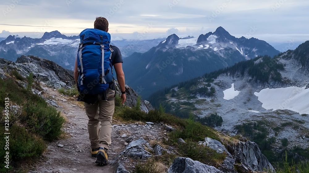 Fototapeta premium Back view of a hiker walking on a scenic mountain trail with a backpack overlooking a stunning landscape : Generative AI