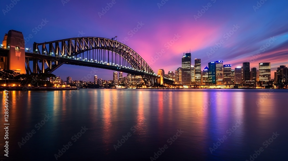 Sydney Harbour Bridge and City Skyline at Dusk Colorful Evening Lights : Generative AI Sydney Harbour Bridge and City Skyline at Dusk Colorful Evening Lights : Generative AI