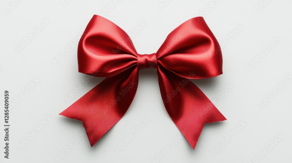 A four-loop holiday gift bow in vivid red satin with a gray shimmer, isolated on a plain white background, perfect for seasonal designs. A four-loop holiday gift bow in vivid red satin with a gray shimmer, isolated on a plain white background, perfect for seasonal designs.