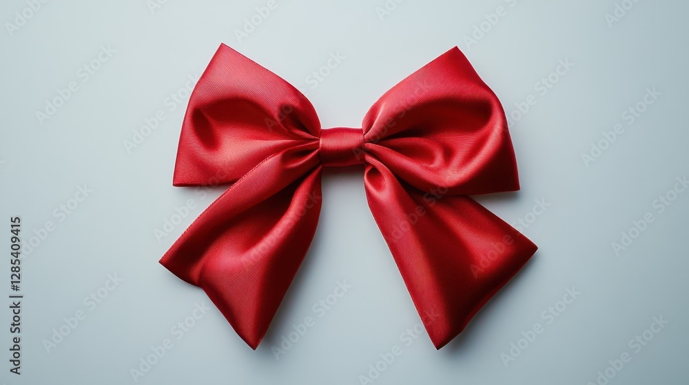 A glossy red satin bow placed flat on a seamless white surface, featuring smooth loops and tails, ideal for Christmas, Valentines Day, or celebration visuals. A glossy red satin bow placed flat on a seamless white surface, featuring smooth loops and tails, ideal for Christmas, Valentines Day, or celebration visuals.
