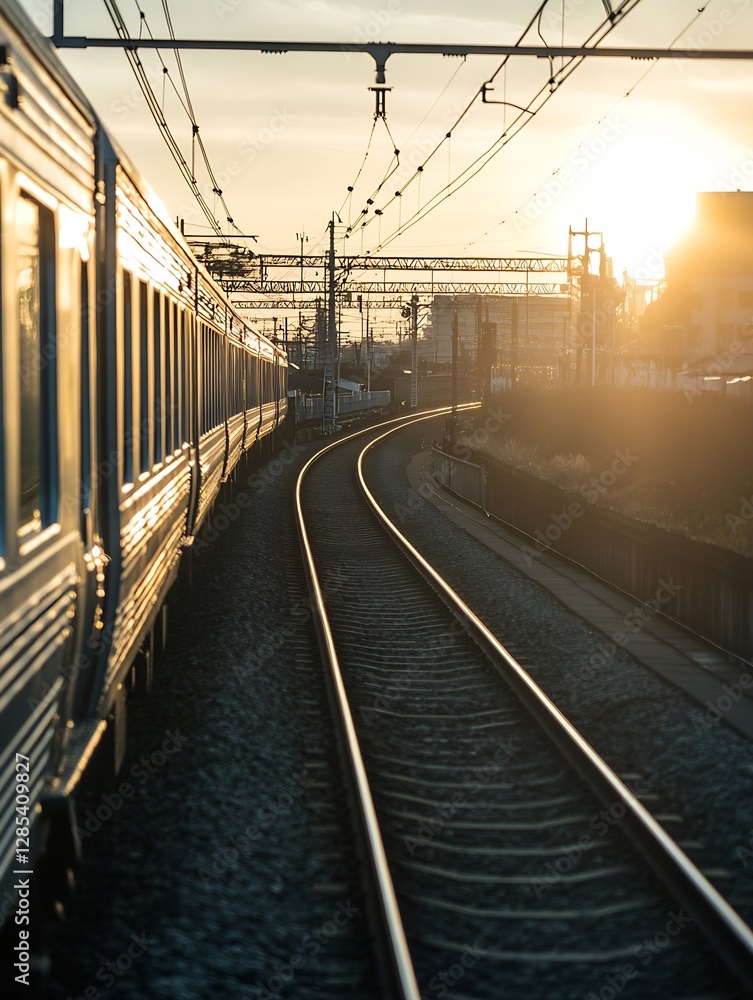 Obraz premium Charming Railway Track Curving Towards a Vibrant Sunset in a Serene Environment : Generative AI