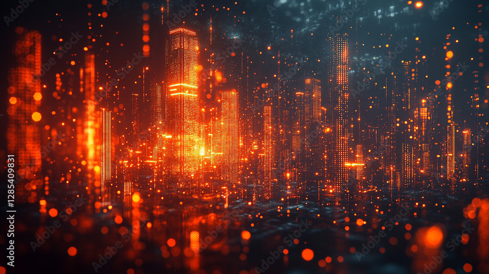 Naklejka premium A futuristic neon hologram interface displays a conceptual blueprint for modern residential construction, symbolizing innovation, smart technology, and the future of urban architecture