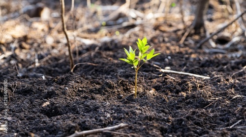 Wallpaper Mural A sapling growing in a small patch of cleared forest floor, surrounded by rich, dark soil and scattered fallen branches, symbolizing new life Torontodigital.ca