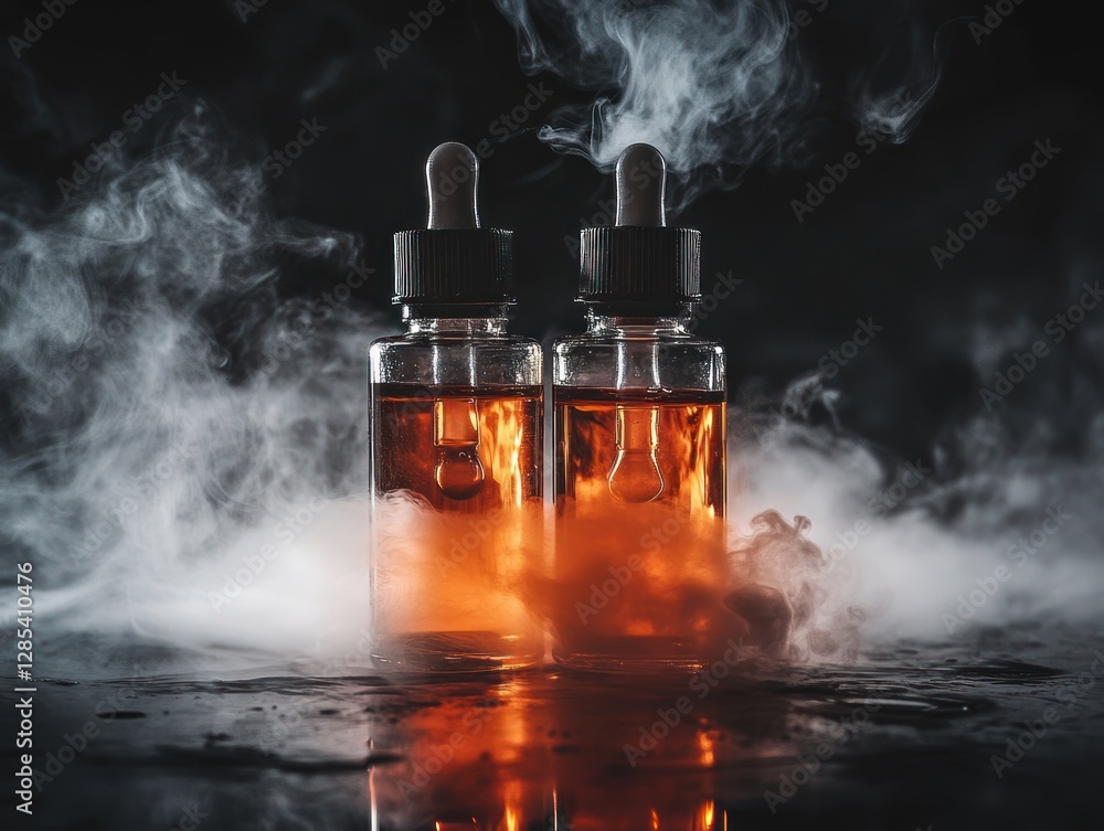 Two amber glass bottles with droppers sit on a dark reflective surface amidst swirling smoke. The bottles contain a dark liquid. Two amber glass bottles with droppers sit on a dark reflective surface amidst swirling smoke. The bottles contain a dark liquid.