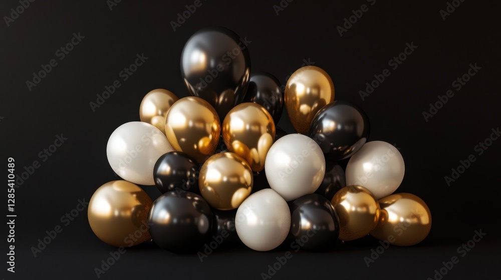 A group of black, gold, and white balloons arranged on a black background, creating a modern and elegant look for Black Friday promotions. A group of black, gold, and white balloons arranged on a black background, creating a modern and elegant look for Black Friday promotions.