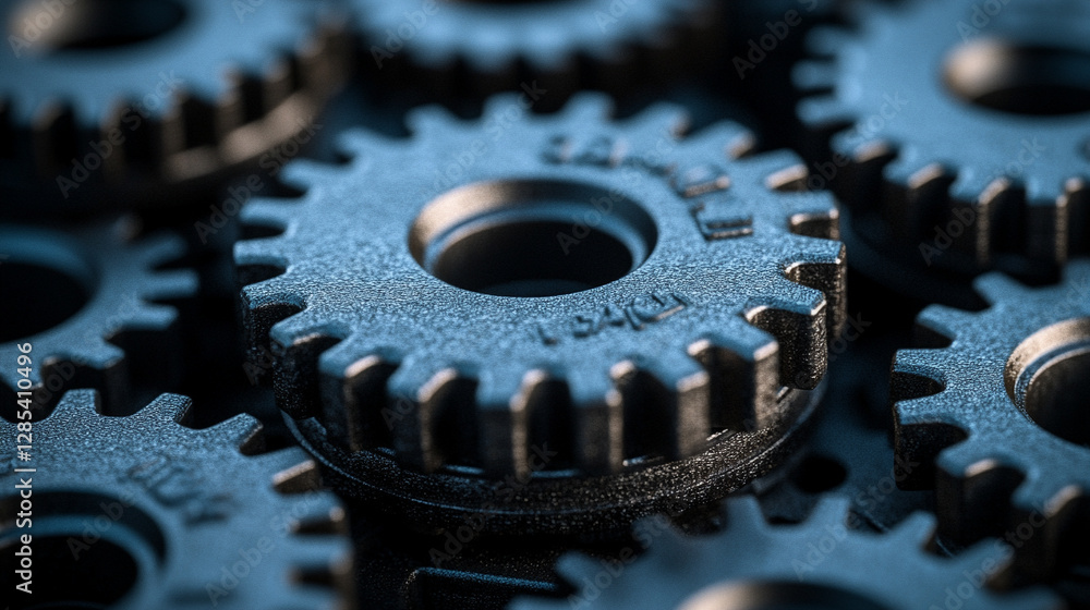 Close-up of interconnected metal gears symbolizing teamwork efficiency and precision Dark gray metallic gears interlock in a complex system representing industry mechanics synergy and collaboration
