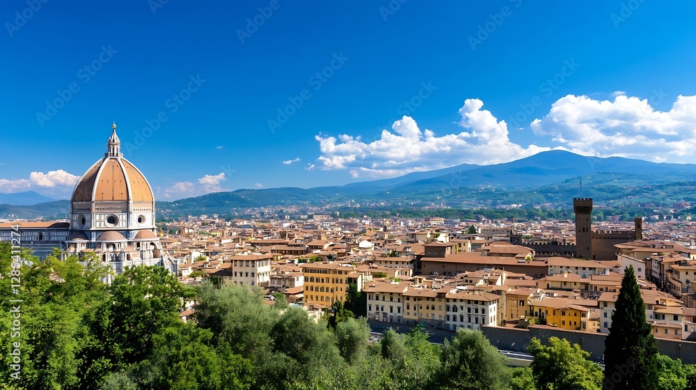 Fototapeta premium Panoramic view of Florence featuring the iconic architecture and rolling hills under sunny skies : Generative AI