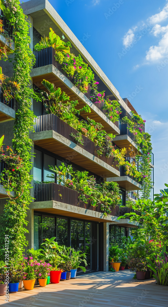 Obraz premium A beautiful modern apartment building with vibrant green vines cascading down the sides of its balconies, surrounded by an array of lush plants and colorful flower pots
