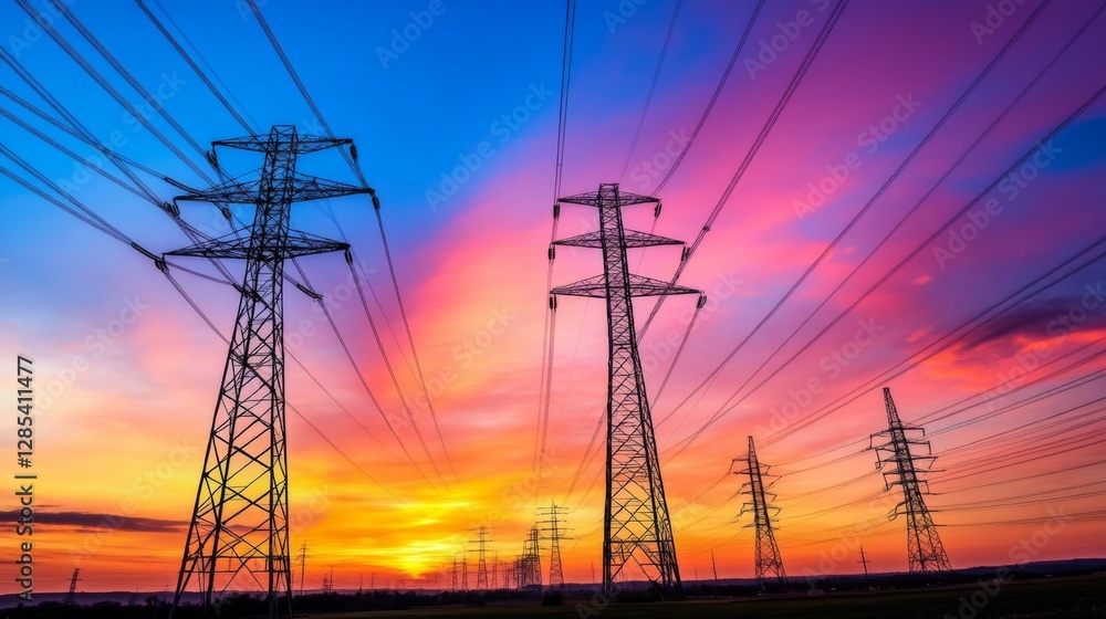 Fototapeta premium A striking image of tall electricity poles stretching across a vast landscape, silhouetted against a vibrant sunset, with colorful clouds creating a dramatic sky