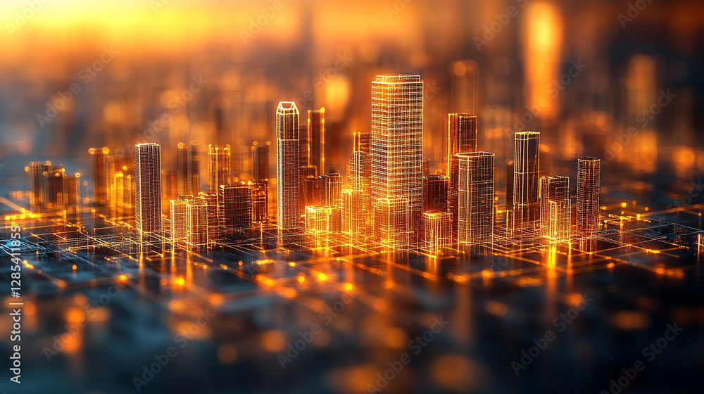 Obraz premium A futuristic neon hologram interface displays a conceptual blueprint for modern residential construction, symbolizing innovation, smart technology, and the future of urban architecture