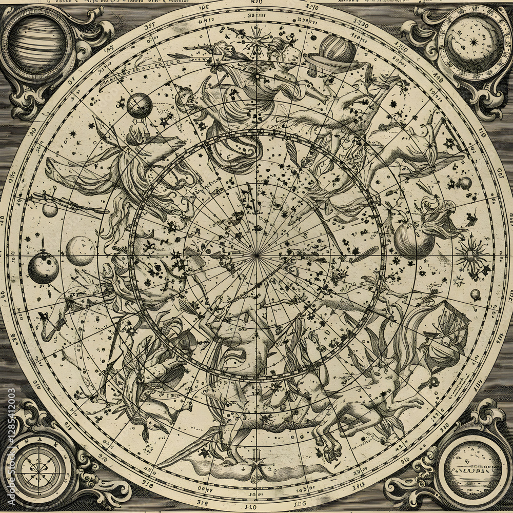 Naklejka premium An antique celestial chart intricately depicts constellations, astrological symbols, and astronomical diagrams, evoking a sense of historical discovery and cosmic wonder.
