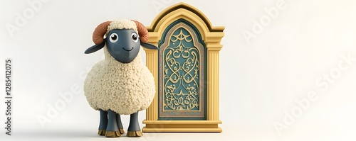 Cartoon sheep stands beside an ornamental golden islamic window