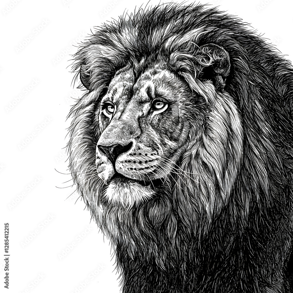 Fototapeta premium A striking black and white lion portrait features intricate line work. This powerful illustration embodies the strength, majesty, and regal nature of the king of the jungle.