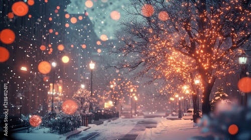 A magical Christmas Eve in the city, with snowy streets, bright trees, and soft, blurred lights in the background creating an abstract winter scene.