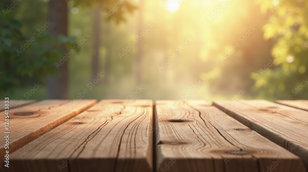 Wooden table with sunlight shining through trees, creating a warm, natural ambiance. Ideal for nature, outdoor, or rustic-themed projects. Wooden table with sunlight shining through trees, creating a warm, natural ambiance. Ideal for nature, outdoor, or rustic-themed projects.