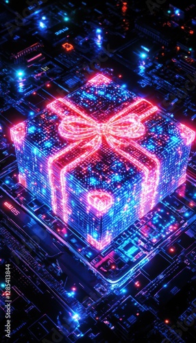 Neon gift box on a circuit board. Digital present concept. Futuristic technology and celebration.