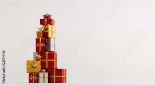 A neatly stacked tower of gift boxes in red, gold, and silver, adorned with ribbons and bows, isolated on a pure white surface.