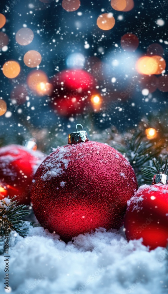 Red Christmas ornaments nestled in snow, twinkling lights in the background. Festive winter scene. Red Christmas ornaments nestled in snow, twinkling lights in the background. Festive winter scene.