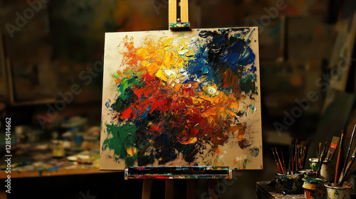 A painter's easel supporting a bold abstract painting, impasto technique, chaotic yet harmonious brushstrokes photo