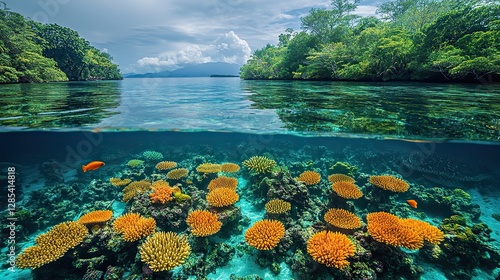 Fototapeta Naklejka Na Ścianę i Meble -  A thriving coastal ecosystem is shown, with healthy mangroves and vibrant coral reefs teeming with marine life