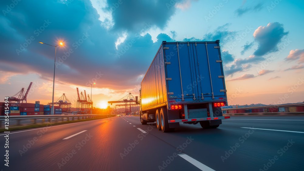 Truck on Highway at Sunset Passing Shipping Port with Cranes and Containers in Background under Dramatic Sky with Colorful Clouds and Warm Sunlight Truck on Highway at Sunset Passing Shipping Port with Cranes and Containers in Background under Dramatic Sky with Colorful Clouds and Warm Sunlight