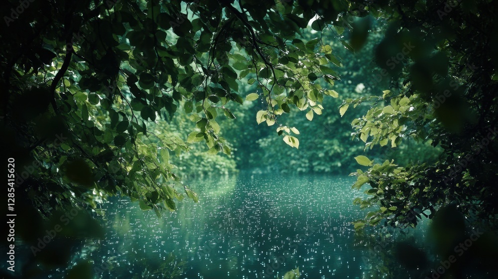 Obraz premium A peaceful nature scene with water droplets on lush green leaves, framed by a dark, mysterious backdrop, perfect for nature-inspired photography.