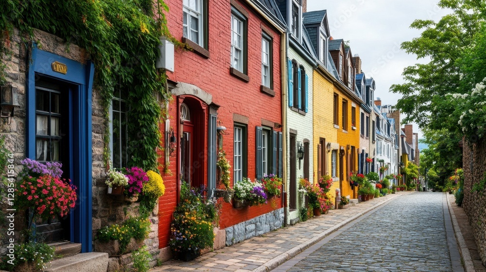 A picturesque cobblestone street lined with vibrant townhouses and flower boxes, evoking a charming European ambiance. A picturesque cobblestone street lined with vibrant townhouses and flower boxes, evoking a charming European ambiance.
