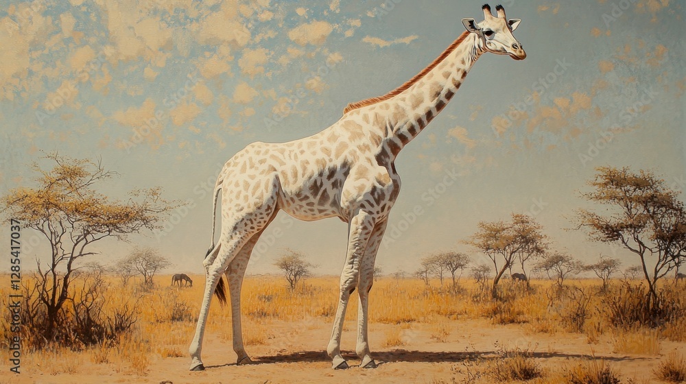 Fototapeta premium A rare and majestic white giraffe standing tall in the African savanna, its pale coat shimmering under the warm sun, surrounded by sparse trees.