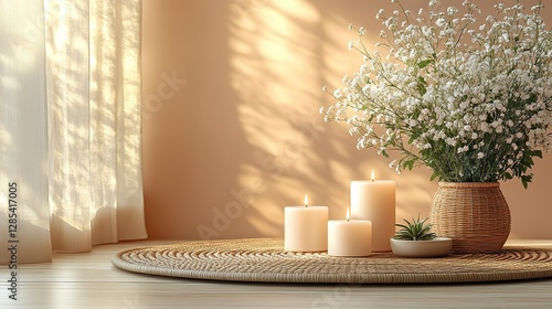 A top view photo of a craft paper envelope, paper sheet, candles on a rattan placemat, and white lagurus flowers, arranged on an isolated beige background with copyspace.