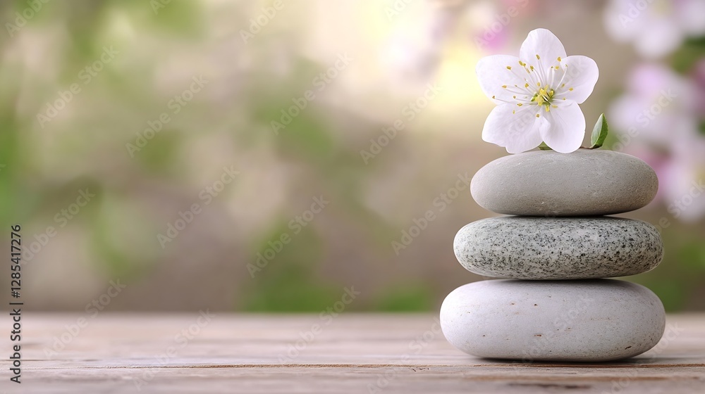 Calm and Serene Stacked Stones with White Flower on Natural Background for Relaxation : Generative AI Calm and Serene Stacked Stones with White Flower on Natural Background for Relaxation : Generative AI