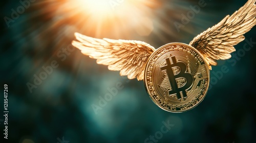 Golden coin with wings soaring, symbolizing financial freedom and growth.  A powerful image for cryptocurrency and investment themes.