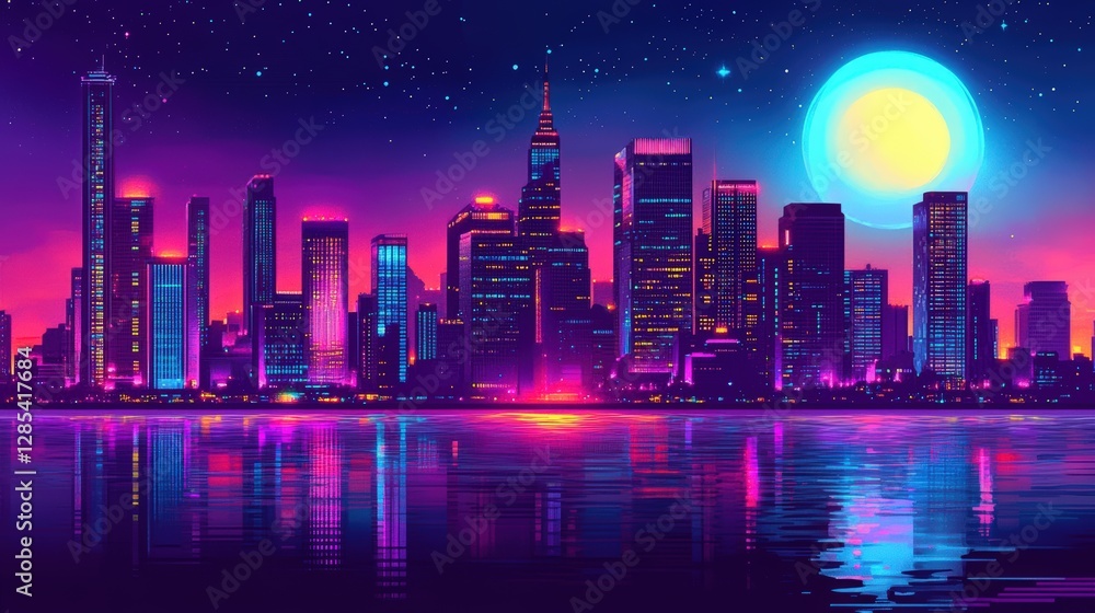 Fototapeta premium Neon City Skyline Reflected In Water Under A Large Moon