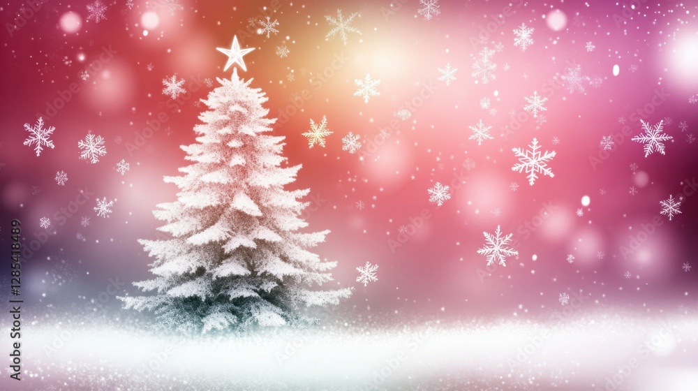 A serene Christmas card with a white Christmas tree and snowflakes, placed on a blurred background that enhances the magical holiday mood.
