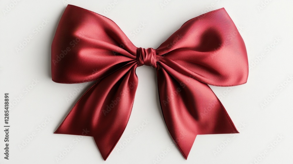 A shiny red satin ribbon bow, tied in a classic style, elegantly positioned on a seamless white background for holiday or event designs. A shiny red satin ribbon bow, tied in a classic style, elegantly positioned on a seamless white background for holiday or event designs.