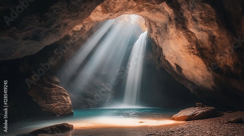 Sunbeams illuminate cave pool, tropical waterfall background