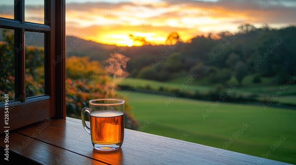 Obraz premium Morning tea, open window, sunrise view, tranquil countryside