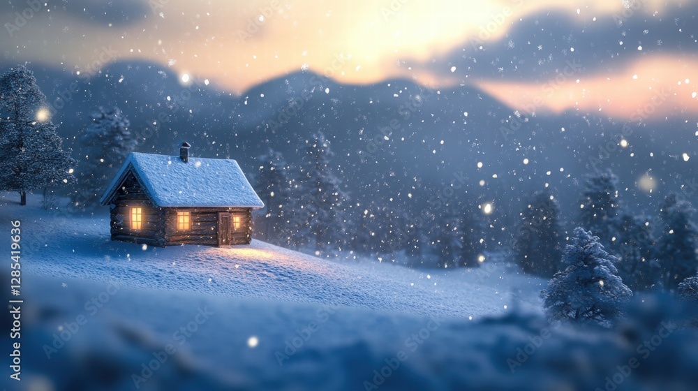 Cozy Winter Cabin: A charming cabin nestled in a snowy landscape during a winter evening, emitting a warm inviting glow through its windows while snowflakes gently fall. Cozy Winter Cabin: A charming cabin nestled in a snowy landscape during a winter evening, emitting a warm inviting glow through its windows while snowflakes gently fall.