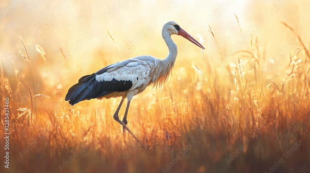 Fototapeta premium A solitary great stork walks gracefully through tall grasses, its puffy pouch and bare head catching soft sunlight.