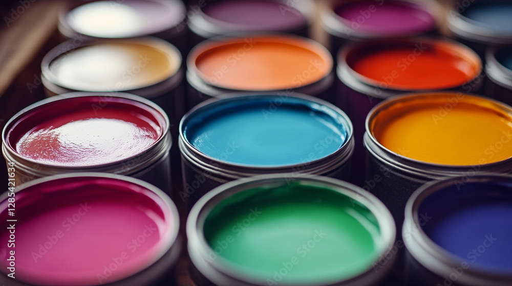 Fototapeta premium Closeup of metal tin paint cans filled with vibrant colors symbolizing creativity, artistic expression, and transformation in design. Represents renewal, home improvement, and modern aesthetics