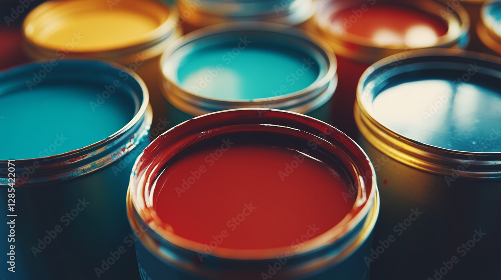 Closeup of metal tin paint cans filled with vibrant colors symbolizing creativity, artistic expression, and transformation in design. Represents renewal, home improvement, and modern aesthetics Closeup of metal tin paint cans filled with vibrant colors symbolizing creativity, artistic expression, and transformation in design. Represents renewal, home improvement, and modern aesthetics