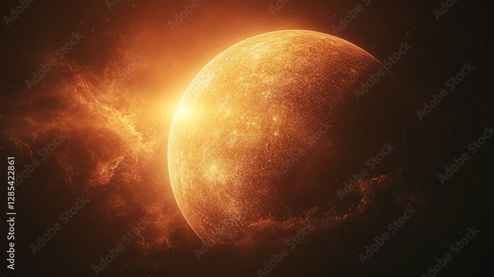 Naklejka premium Blazing sun dominates a parched landscape symbolizing global overheating Intense heat waves and cracked earth represent climate change urgency and the impact of extreme solar radiation on the planet