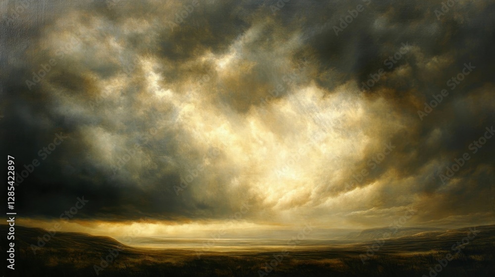 A stormy sky with heavy rain and sunlight filtering through the clouds, casting a golden glow over the landscape below. A stormy sky with heavy rain and sunlight filtering through the clouds, casting a golden glow over the landscape below.