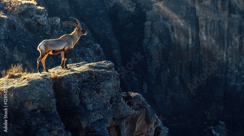 A striking image of a male Iberian ibex standing on a rocky cliff with dramatic shadows cast by the Sierra de Gredos sunlight. photo