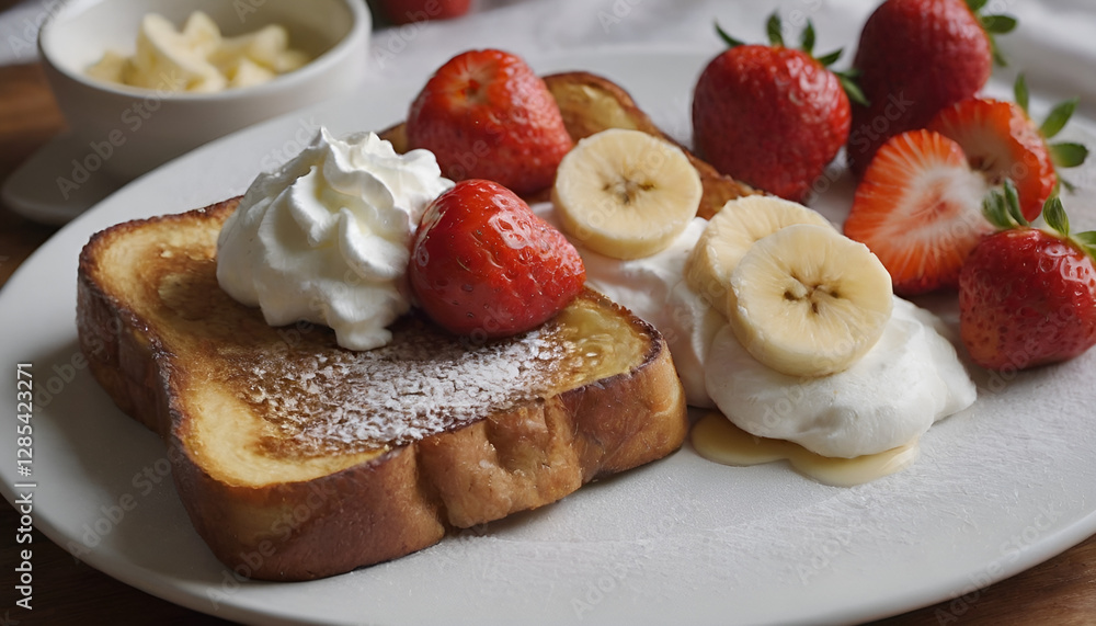 french toast with strawberries, bananas, and whipped cream on top french toast with strawberries, bananas, and whipped cream on top
