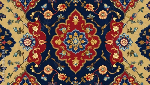 Indigo and Gold Persian Wallpaper with an Intricate Arabesque Pattern
