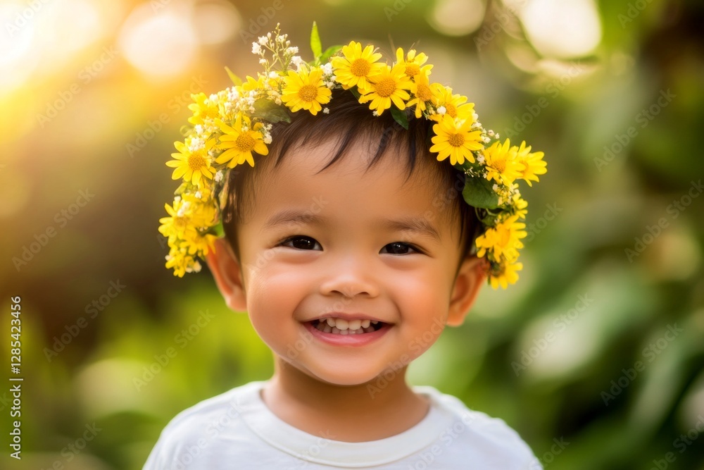 Smiling asian toddler boy with tt hair wearing yellow flower circlet on his head. Happy holiday season holidays conceptual art. Soft daylight. Nature-filled joy for kids. Summer joy for kids. Smiling asian toddler boy with tt hair wearing yellow flower circlet on his head. Happy holiday season holidays conceptual art. Soft daylight. Nature-filled joy for kids. Summer joy for kids.