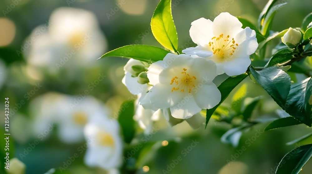 Delicate white flowers blooming in soft sunlight with vibrant greenery : Generative AI Delicate white flowers blooming in soft sunlight with vibrant greenery : Generative AI