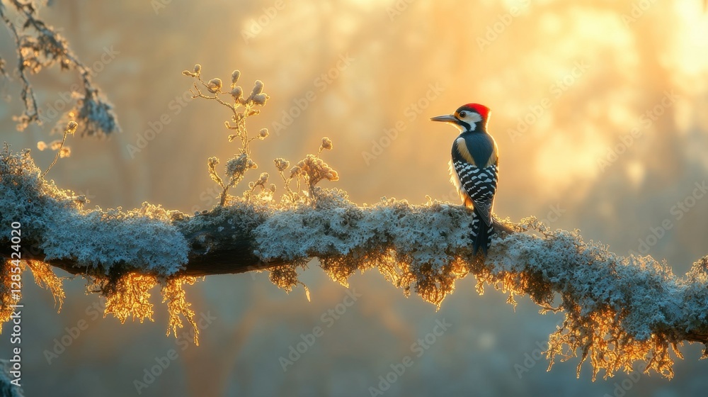 Obraz premium A stunning shot of a great spotted woodpecker perched on a lichen-covered branch in early morning light.