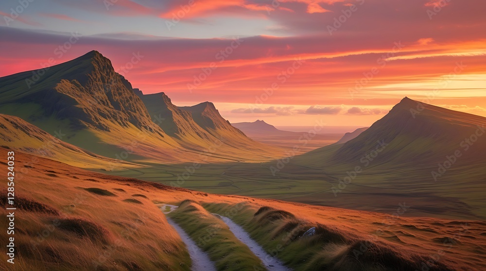 Naklejka premium View of Quiraing mountains sunset at Isle of Skye, Sottland.