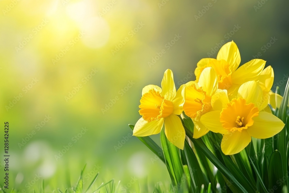 Obraz premium Flowers Bloom in a Sunlit Meadow During Spring, Showcasing Vibrant Colors and Fresh Greenery Under a Warm Sun